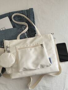 Bolso de mano de mujer de moda, unicolor minimalista para trabajos escolares, de gran capacidad apto para trabajo, clase, versátil y exquisito - Beis - Ver 6