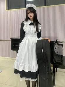 一件可爱简约的双色蕾丝边缎面荷叶边中长连衣裙，带领，女仆装围裙裙，适合角色扮演、派对、拍照、万圣节服装、春季派对礼服 - 彩色 - 查看 1