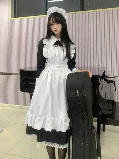 1pc Cute & Simple Sweet Bicolor Lace Trim Satin Ruffle Hem Mid-Length Dress With Collar, Maid Costume Apron Dress, Suitable For Cosplay, Party, Photo Shooting ,Halloween Costume, Party Dress Spring