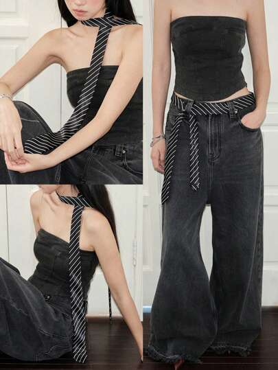 1pc Black & White Striped Faux Silk Satin Multifunctional Rectangular Scarf/Belt/Neckerchief For Women, Fashion & Elegant, Suitable For Daily Wear, Performance, Street Photography, Party, Banquet, And Formal Events Fall, Autumn, Halloween