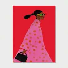 1 件无框抽象女性帆布墙艺术 | 鲜艳的粉色和白色波尔卡圆点连衣裙设计，手工高品质帆布印刷品，适用于卧室、客厅、家庭办公室装饰，大型帆布墙艺术