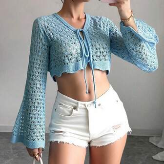 Solid Color Hollow Diamond Pattern Knitted Tie-Up Cropped Cardigan