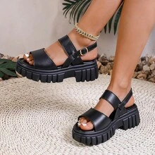 2025 New Round Toe Solid Color Large Size Women's Shoes Thick Heel Soft Sole One-Strap Thick Sole Versatile Sandals For Women - màu đen - Xem 3