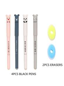 4pcs Pens With 20pcs Refills, Needle Tube, 0.35mm Cartoon Animal Themed Erasable Gel Pen Set