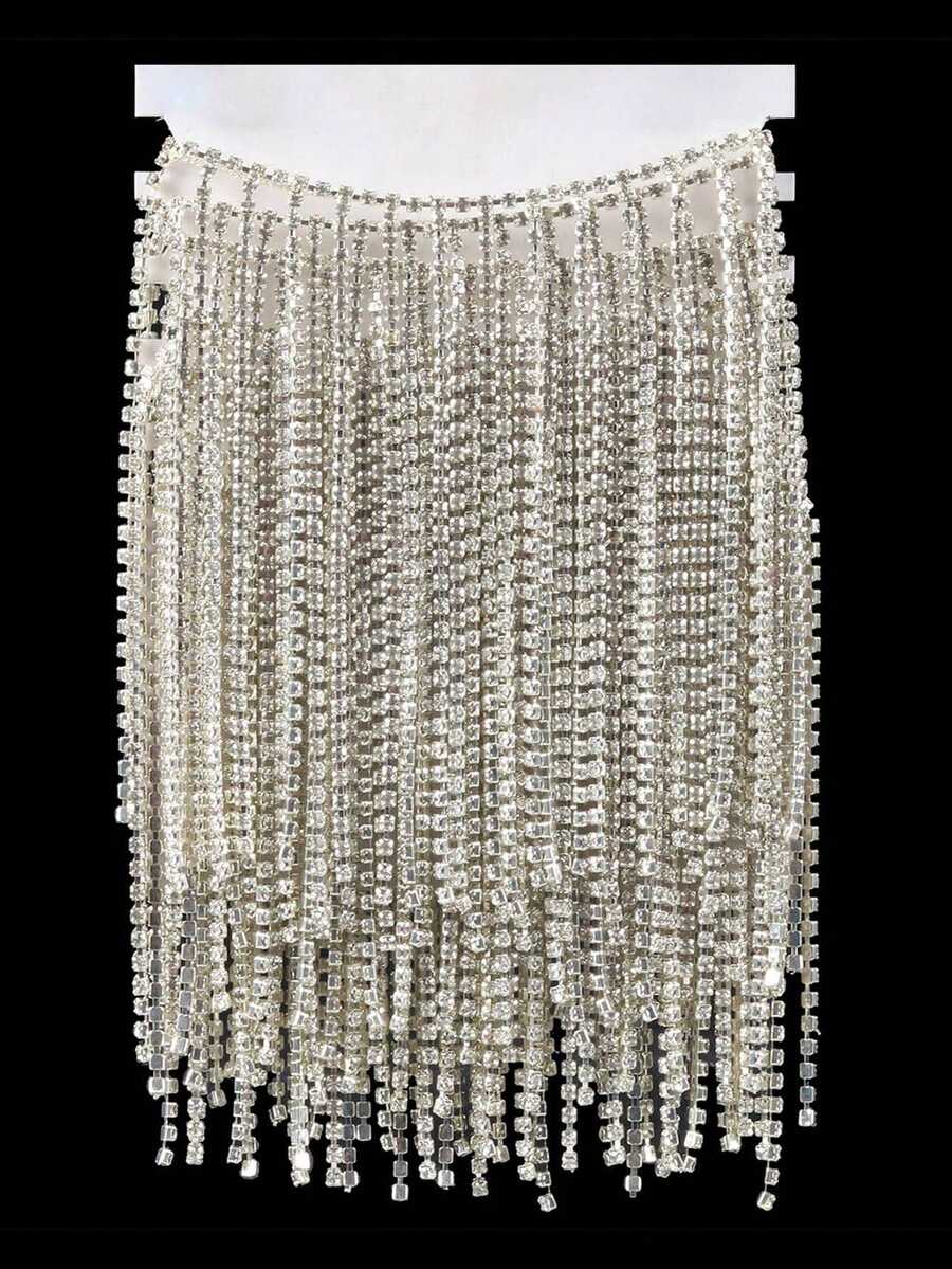 1pc Rhinestone Fringe Trim Rhinestone Sewing Beaded Fringe Trim Ribbon Tassel Chain For Clothing Accessories And DIY Craft Decoration (1.0 Yards, Silver) - Clear - View 1