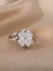 1pc Stainless Steel Zirconia Heart-Shaped Four-Leaf Clover Rotating Open Ring, Luxurious And Elegant, Suitable For Women's Daily Wear, Christmas Holiday Gift - Multicolor - View 4