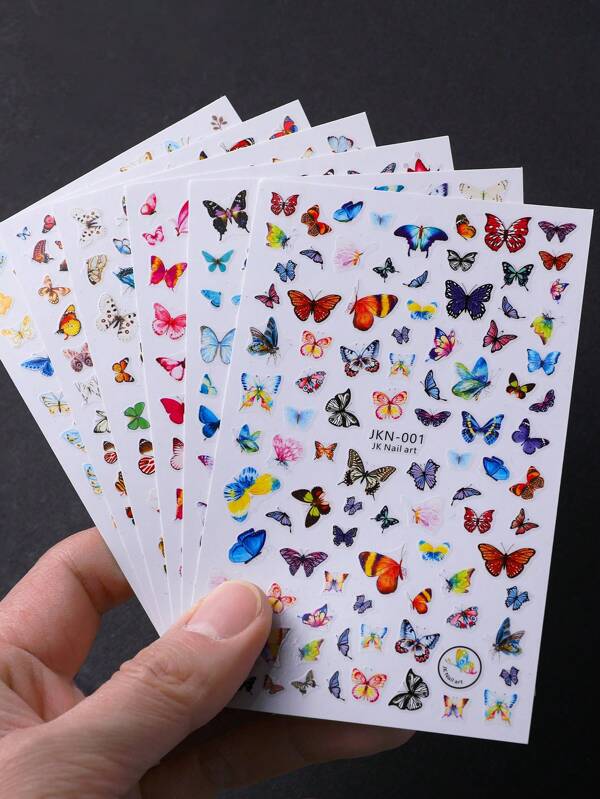 JKNART 6 Sheets Butterfly & Flower Nail Art Stickers, Self-Adhesive Nail Decorations, Nail Accessories For Women & Girls