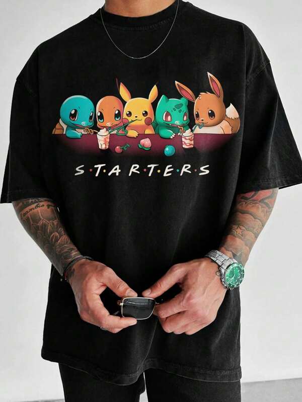 pokemon Men's Casual Cartoon Print Short Sleeve T-Shirt, Summer