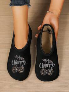 Women's Comfortable Warm Indoor Slippers; Fashionable Leopard Print & Cherry Pattern Yoga Shoes - Black - View 1