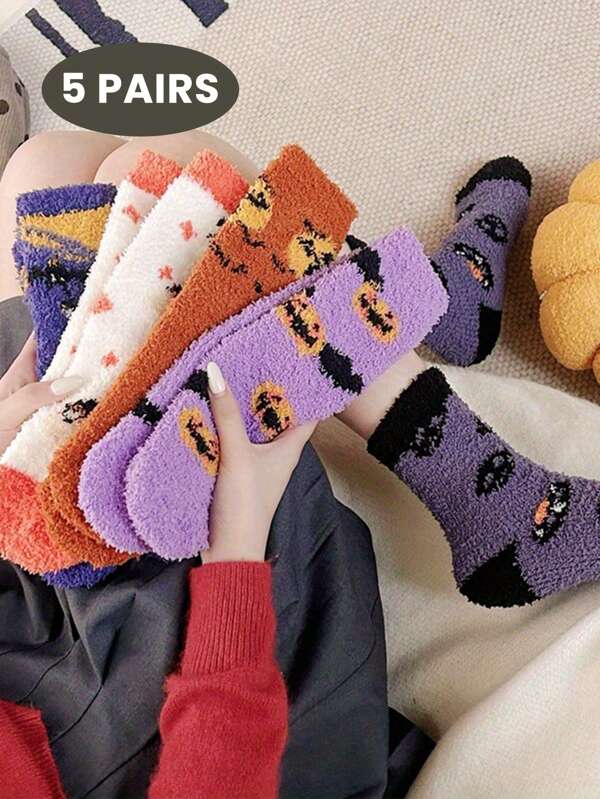 5 Pairs Of Halloween-Style Winter Home Floor Socks, Comfortable And Thick Women's Socks