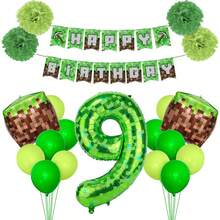 22 件生日装饰，游戏主题生日快乐横幅，40 英寸绿色像素矿工数字气球和像素立方体铝箔气球，用于像素派对装饰，终极派对用品套件，含气球和生日数字 (1-9) 标志 - 彩色 - 查看 12