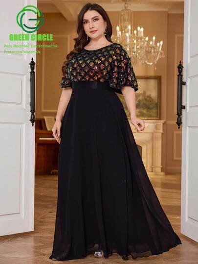 UNITHORSE Vestido regular de cuello redondo de poliéster UNITHORSE, vestidos de dama de honor de gasa con diseño de parches de lentejuelas