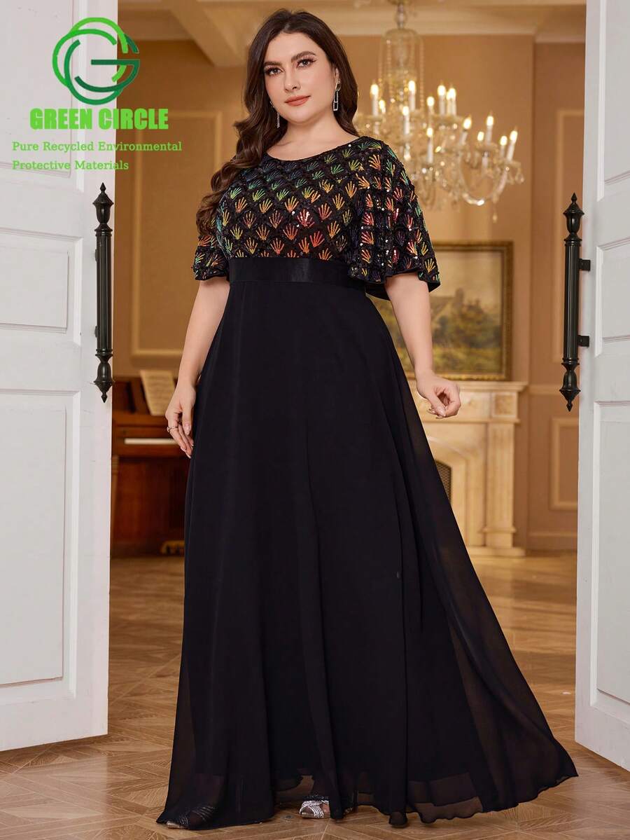 UNITHORSE Polyester Regular Round-Neck Dress,Sequin Patchwork Design Chiffon Brideamaid Dresses - Black - View 1