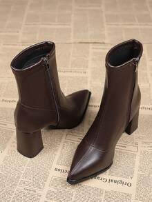 Women's Fashion Elegant Pointed Toe Chunky Heel Ankle Boots, Versatile Side Zipper High Heel Slim Boots Suitable For Street, Business, Party, Wedding, Nightclub, Ladies Brown Mid-Calf Boots