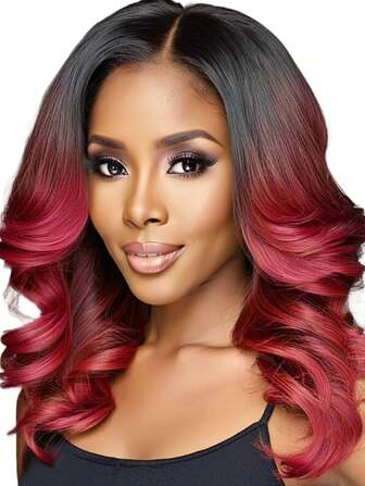 Ombre Red To Black Short Wig, 16 Inch Middle Part Short Curly Synthetic Wig For Women, Colored Long Straight Hair With Bangs Wig, Suitable For Halloween Party, Music Festival, Carnival, Cosplay, Masquerade Ball