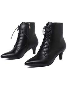 Elegant Women's Ankle Boots Black Pointed Toe Lace Up Low Heel Kitten Heel Boots Comfortable Work Office Zipper Motorcycle Boots For Women - Black PU - View 6