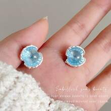 一对优雅简约的法式珐琅珍珠耳环 - 藍色 - 查看 5