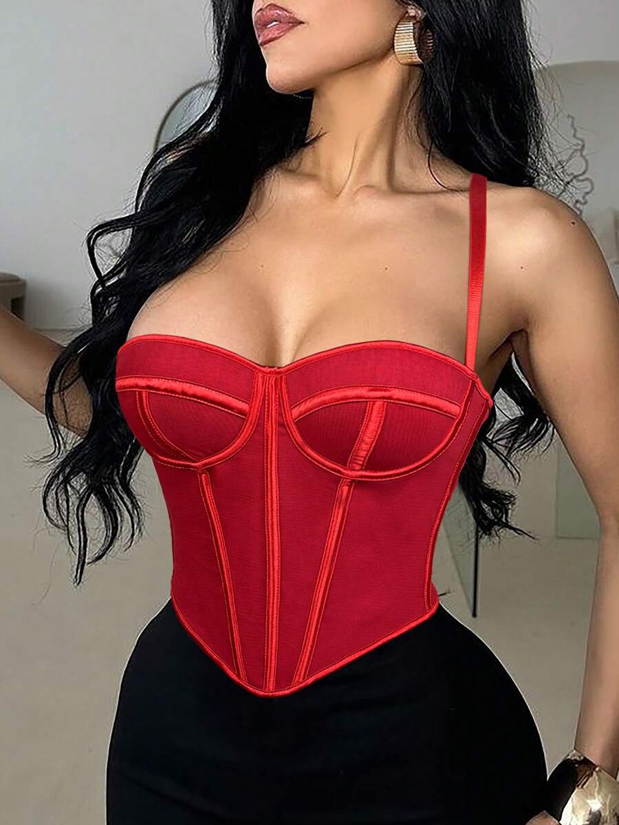 Apperloth A Y2K Sexy Red Corset Boned Going Out Tops For Women Mesh Grommet Eyelet Lace Up Back Backless Adjustable Straps Overbust Bustier Shapewear Crop Cami Tank Top Rave Festival Outfits Halloween Costumes Christmas Clothes - 紅色 - 查看 1