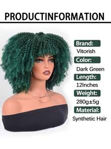 Short Afro Kinky Curly Wig With Bangs For Women High Temperature Synthetic Hair Wig Curly Afro Wigs For Women - Curly Afro Wigs Black Wig For Women Brown Gold Gradient 12 Inch Replacement Wigs Party Use Natural Black Hair Carnival Cosplay Wigs - Màu xanh lá cây đậm - Xem 2