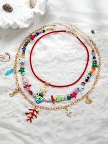 3 件亚克力陶瓷鱼吊坠、珊瑚珠项链、油滴红珊瑚龟吊坠项链，适合女士日常佩戴和海滩度假 - 彩色 - 查看 2