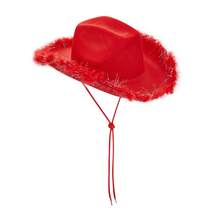 Womens Cowboy Hat, Adult Solid Color Furry Trim Wide Brim Hat Female Cap For Dating Party - Red - View 3
