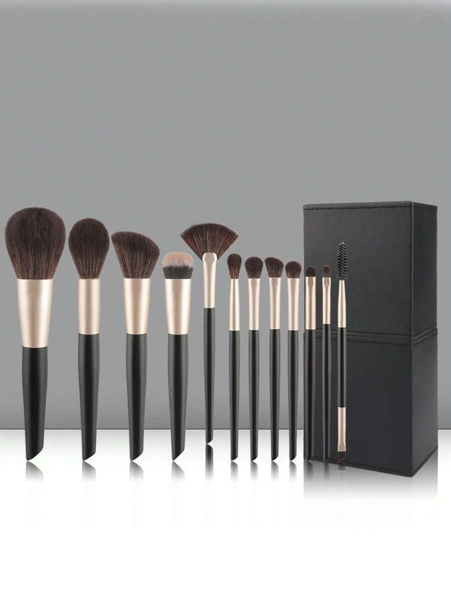 12件套高级黑金化妆刷套装，包括柔软散粉刷、轮廓刷、腮红刷、粉底刷、眼影刷 + 磁性黑色收纳盒 - 彩色 - 查看 1