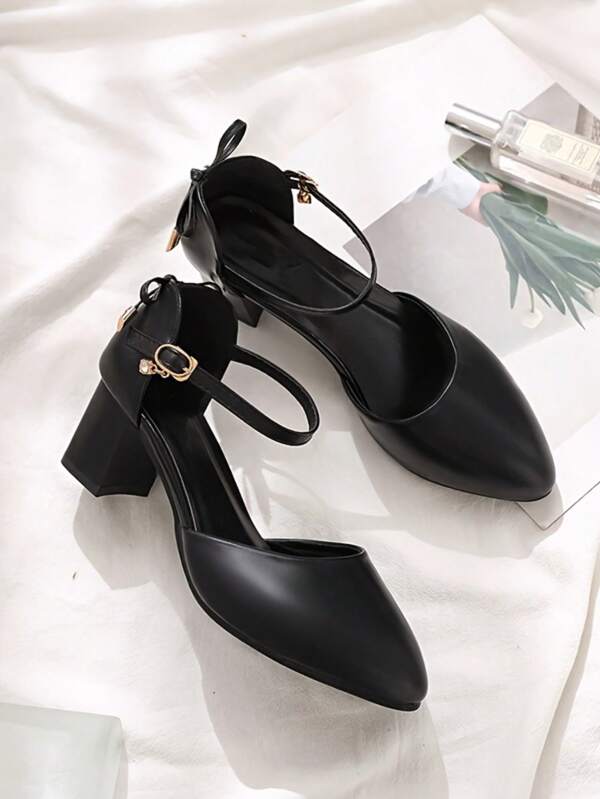 Women's Elegant Mary Jane High Heels - Pointed Toe, 6cm Chunky Heel, Bowknot Detail At Back, Breathable Cutout Sides And Golden Buckle Strap, Lightweight Synthetic Upper, Suitable For Weddings, Parties, Daily Commute, Formal Occasions, Party Shoes, Pointed Toe High Heels, Synthetic Upper Shoes, Durable PVC Sole
