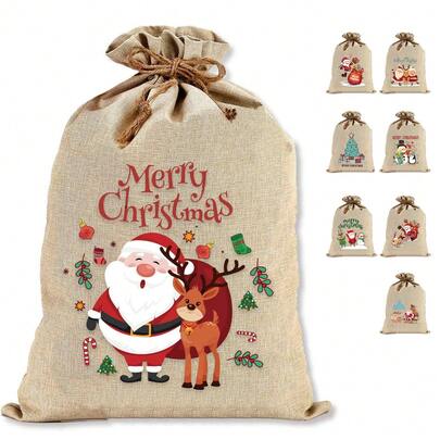 1pc Christmas Linen-Like Printed Large Gift Bag With Drawstring Closure, Suitable For Christmas Party, Decoration, And Gift Storage, Multiple Styles Available