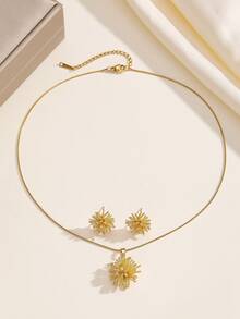 1 套不锈钢闪亮花朵项链和耳环，奢华微镶嵌个性化宴会珠宝礼物 - 金色 - 查看 4