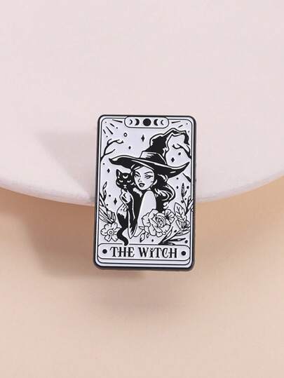 1pc Witch Tarot Card Emblem, Mysterious Divination Style, Witch Holding Black Cat Figure, Tarot Card Accessory, Collection For European & American Mysticism Enthusiasts, Gothic Fashion Highlight