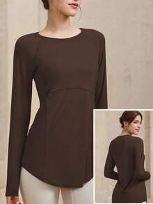 女士健身瑜伽上衣，速干运动服，适合跑步、健身房锻炼，弹力压缩打底衫，春季款 - 咖啡棕 - 查看 6