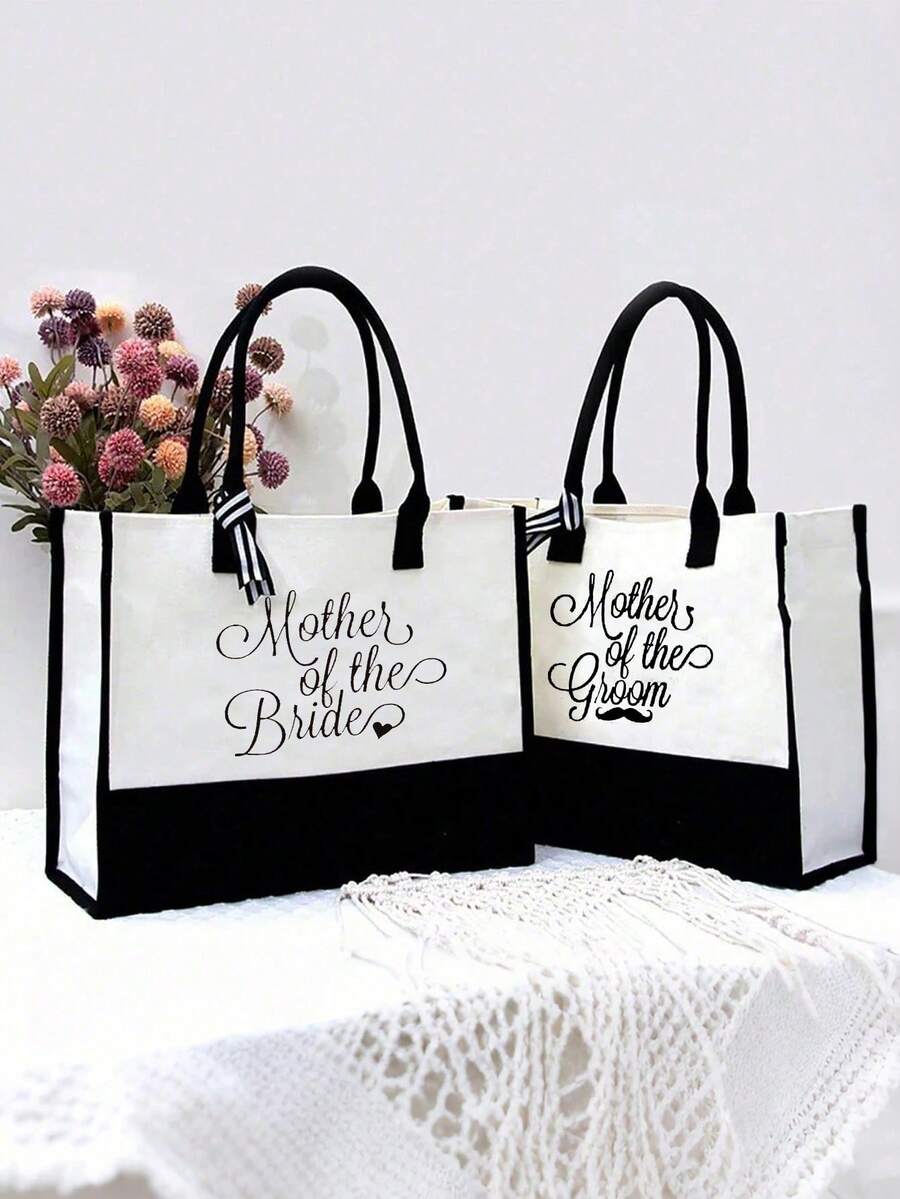 1/2pcs Mother Of The Groom & Mother Of The Bride Canvas Tote Bag, Wedding, Gift For Engagement, Bachelorette Party, Bridal Shower. - Beige - View 1
