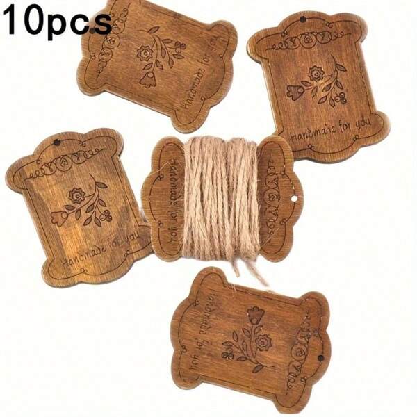 10pcs Wooden Yarn Bobbins With Carved Patterns, Sewing DIY Supplies Winding Tool - Handcraft Tool, Brown, No Electricity, Battery-Free