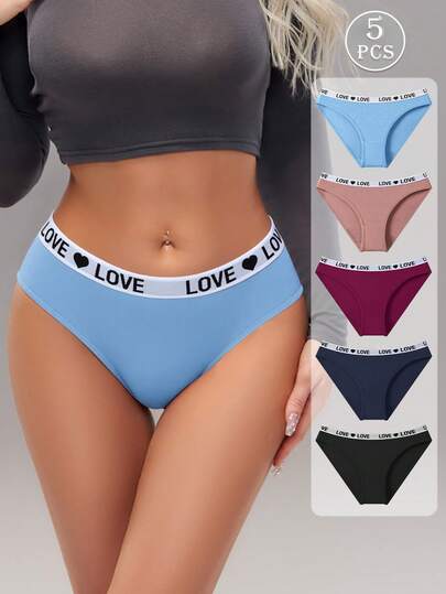 5pcs Multicolor Cotton Seamless Low-Waist Letter Strap Panty Set, Comfortable Women's Underwear