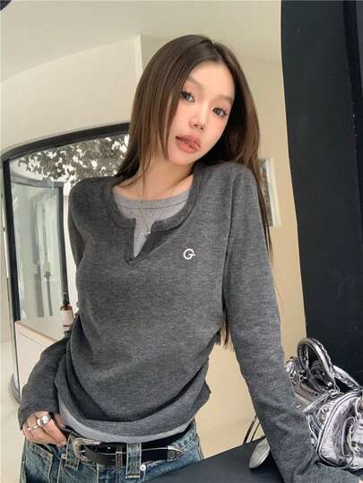 Unique Design Slim Fit Long Sleeve T-Shirt With Waist Definition, Embroidery Detail, Layering Tee For Autumn