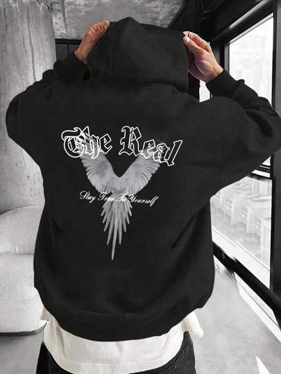 Plus Size Men's Long Sleeve Casual Hoodie Sweatshirt, Wing Print, Urban Street Style Casual Sports Weekend Wear, Autumn/Winter