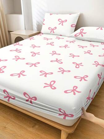 1pc Pink Bowknot Fitted Sheet, Sweet And Girly Bedroom Decor, Bedding, Mattress Protector, Bed Cover, Bed Sheets, Cozy Home Textile, Breathable And Anti-Pilling Mattress Protector, Bed Cover, Fresh And Sweet Bedroom Decor,Fall Decor,Autumn Decor,Room Decor