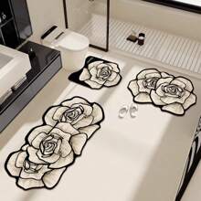 1pc Rose Pattern Diatomite Bathroom Mat, 0.3CM Diatomite Material, Decorative, Bathroom Mat, Toilet Mat, Q-Soft Cushion, Quick Absorbency, Anti-Bacterial, Easy Cleaning, Reusable, Wear-Resistant, Convenient Storage, Safe &