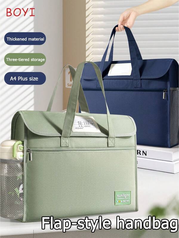 1pc Flip-Top Hand Carry Bag, Hook And Loop Flap Student Hand Carry Bag, Large Capacity Multi-Layer Thick A4 File Folder, Suitable For School, Weekend Tutoring, Classroom Gift, Back To School Season