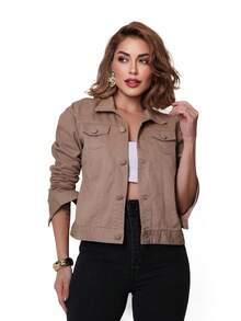 Women's Short Denim Jacket - 杏色 - 查看 1