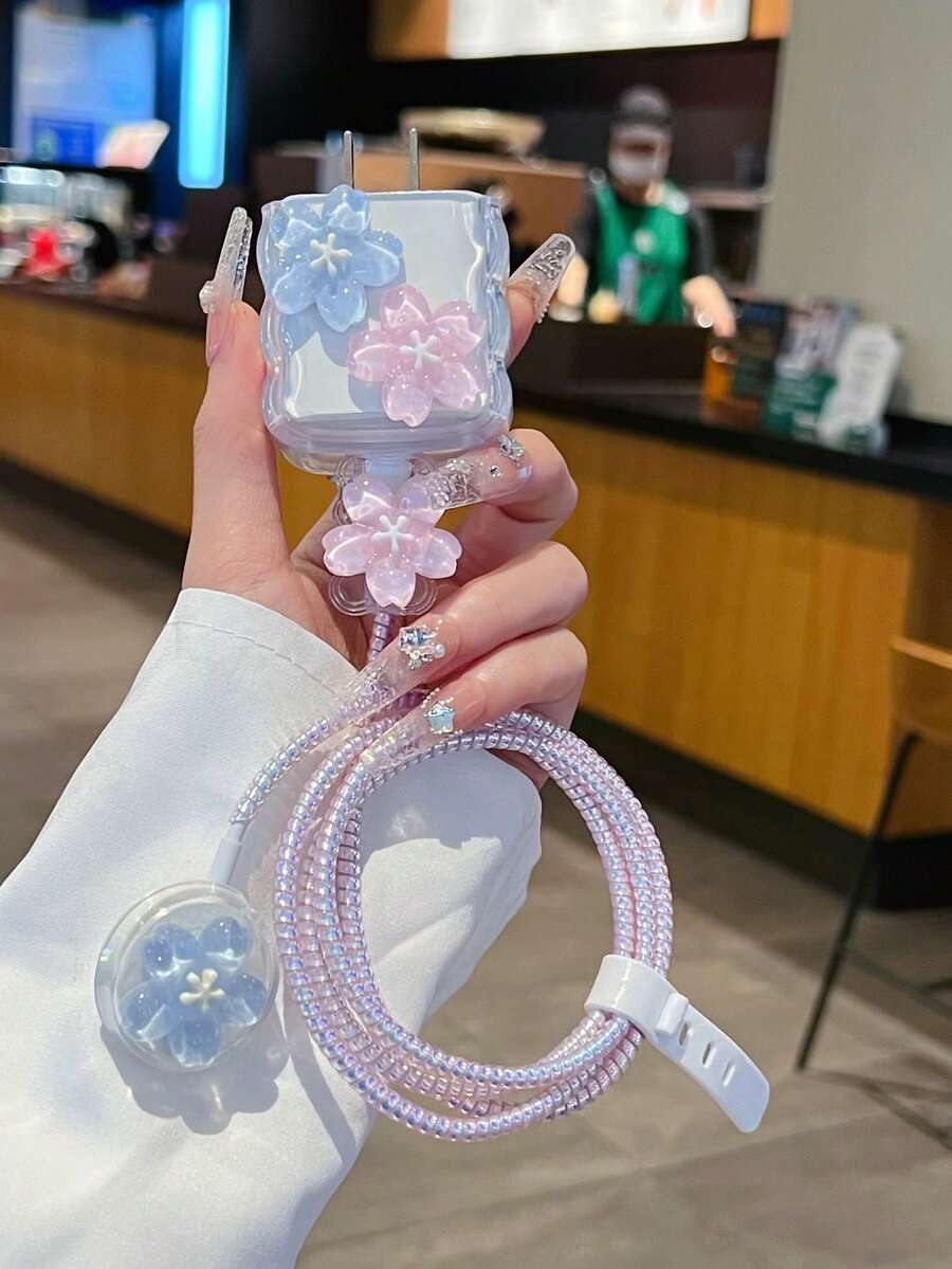 5pcs/Set Morning Glory Flower Protective Case Compatible With Apple Watch S9 Data Cable, Charger Adapter Protective Case Compatible With Apple Watch S8/7/SE/Ultra, 20W Charger Adapter Protective Case, US Plug Nan Charger Protector Charger Case Phone Accessories - Multicolor - View 1