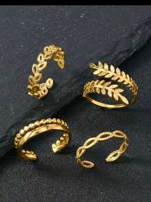 COINBUFF 4pcs Elegant Leaf Design 18K Gold Plated Stainless Steel Adjustable Rings Set, Suitable For Women - Yellow Gold - View 1