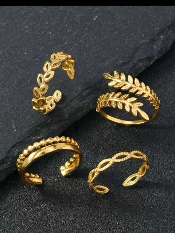 COINBUFF 4pcs Elegant Leaf Design 18K Gold Plated Stainless Steel Adjustable Rings Set, Suitable For Women