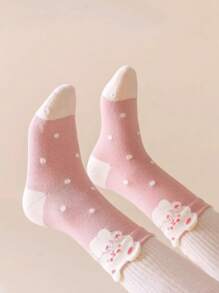5 Pairs Tulip Bouquet & Rabbit Cartoon Sweet Skin-Friendly Soft Mid-Calf Socks, Suitable For Home, School, Outdoor Activities