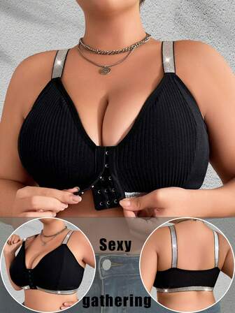 A Black And Sexy Women's Bra Without A Steel Coil And Front Button, A Threaded Front Button Corset, A Comfortable And Breathable Feminine Base Layer Top, And A Tight-Fitting Back Lingerie.