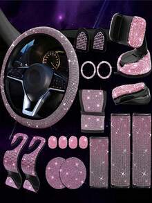 19 件闪亮汽车配件女士方向盘安全带套换档盖手机支架杯垫可爱汽车配件套件，汽车配件套装，可爱内饰套装装饰（黑色、白色、粉色、红色） - 粉色 - 查看 1