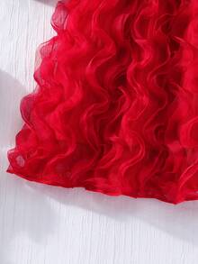 Toddler Girls' Bubble Long Sleeve Round Neck Pearl Bow Top Spliced Red Ruffle Dress, Fashionable Elegant Princess Dress, Autumn/Winter - Red - View 8