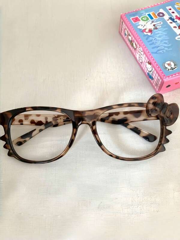 1 coppia di eleganti montature per occhiali vintage con stampa leopardata e fiocco decorativo (senza lenti), adatte per uso quotidiano, viaggi, fotografia, vacanze, un accessorio adorabile