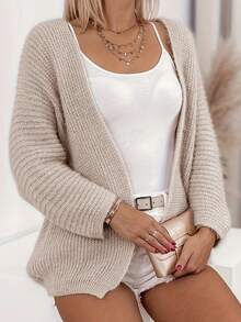 Women Plus Size Casual Knit Long Sleeve Cardigan, Elegant Solid Color Open Front Knitted Sweater Coat, Suitable For Spring, Autumn, Winter - Apricot - View 5