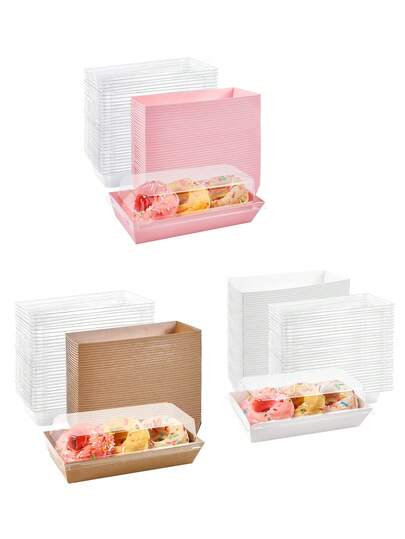 50个装甜点盒，带透明盖的饼干盒，优雅的食品容器，牛皮纸烘焙盒，适用于万圣节、圣诞节、甜甜圈、蛋糕、三明治、纸杯蛋糕、饼干（粉色、白色、棕色），情人节派对，家居装饰，家居礼品